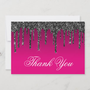 Wine Hot Pink Gradient Black Glitter Drip Thank You Card
