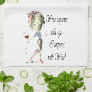 Wine improves with age, humorous art gifts tea towel