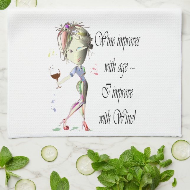 Wine improves with age, humorous art gifts tea towel (Folded)