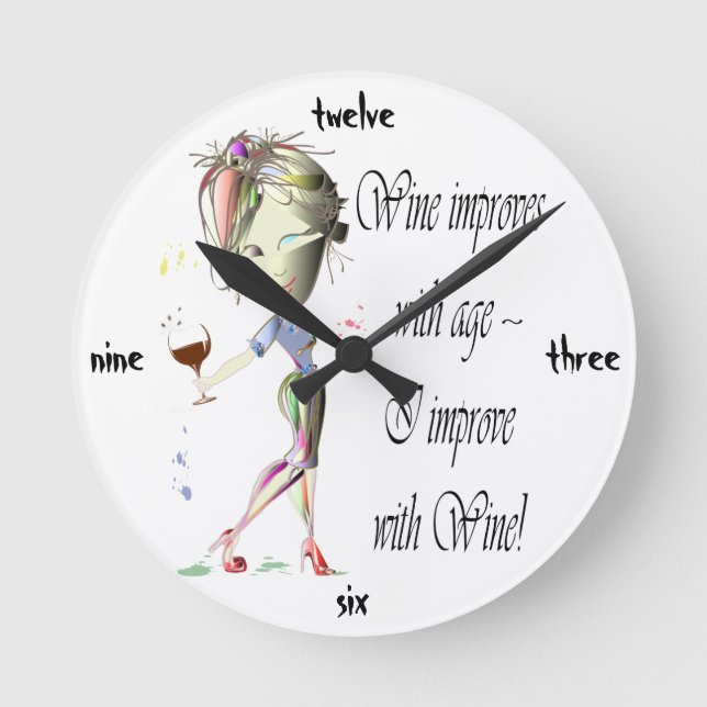 Wine improves with age, humourous art gifts round clock (Front)