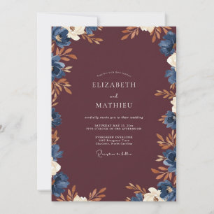 Wine Indigo Leafy Wedding Invitation
