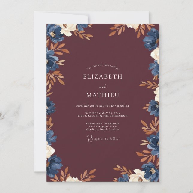 Wine Indigo Leafy Wedding Invitation (Front)