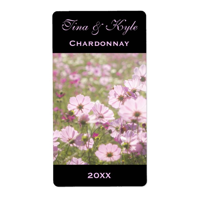 Wine Label Template Pink Cosmos Flower Meadow (Front)