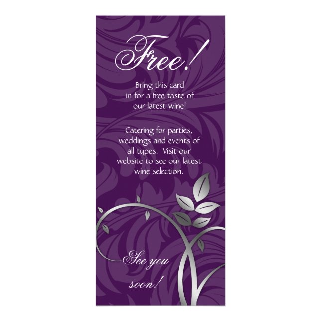 Wine Leaf Swirl Vine Purple Silver Rack Card (Front)