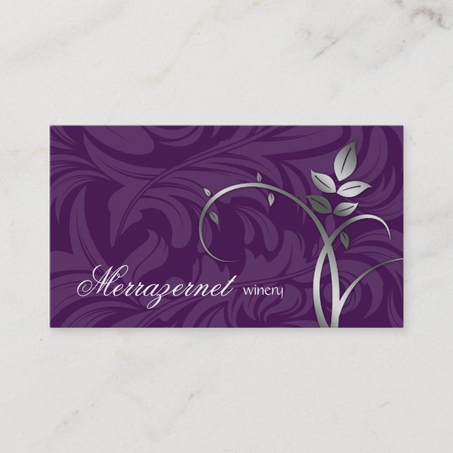 Wine Leaf Vine Purple Silver Business Card (Front)