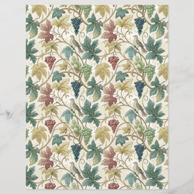 Wine leaves and grapes bird scrapbook paper beige (Front)