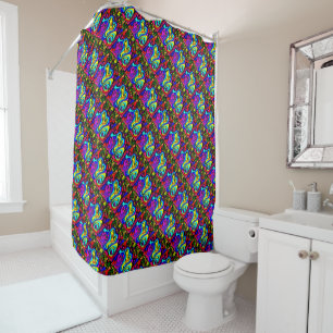 Wine lemon sky blue black patterned shower curtain