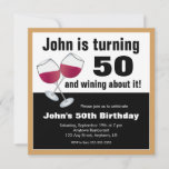 Wine Lover 50th Birthday Party Invitation<br><div class="desc">This 50th birthday party invitation features a graphic of two glasses of red wine and the funny text: (name) is turning 50 and wining about it! The invitation offers customisable text for you to add your party details. The background colour is gold and can be customised to any available colour....</div>