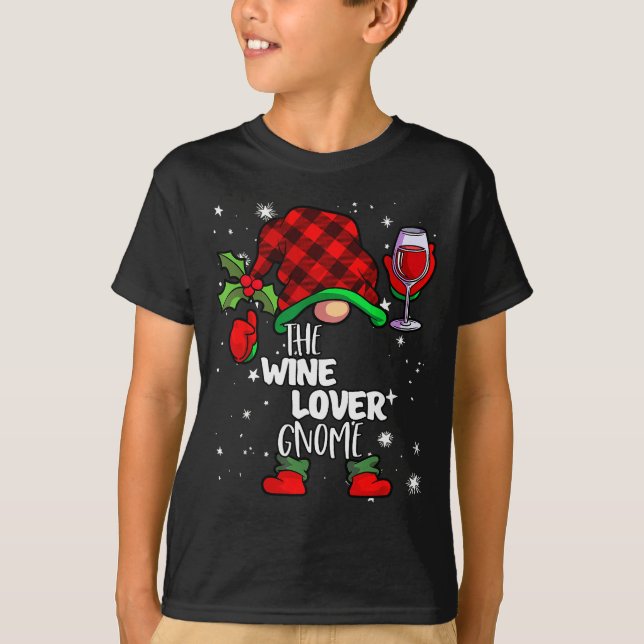 Wine Lover Gnome Red Buffalo Plaid Matching Family T-Shirt (Front)