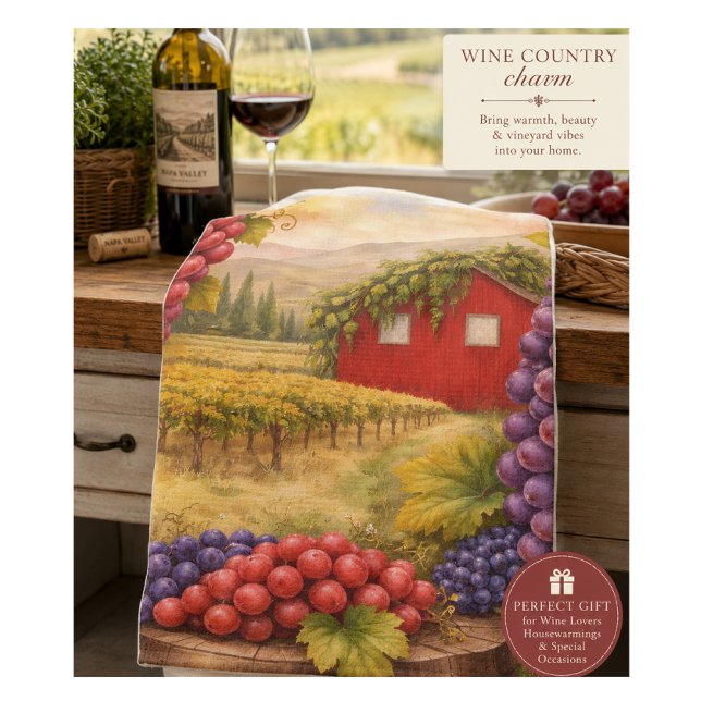 Wine Lover Kitchen Towel Vineyard Hostess Gift (Rustic vineyard tea towel perfect for wine lovers, housewarmings, gifting & cozy kitchens.)