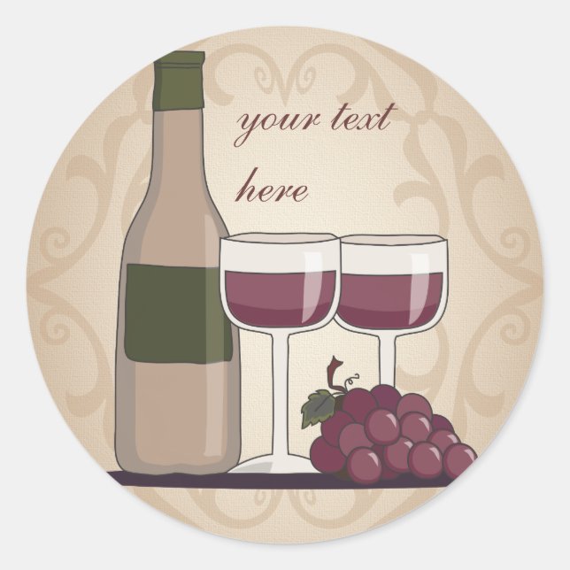 Wine Lover Red Wine Bottle Glasses & Grapes Classic Round Sticker (Front)