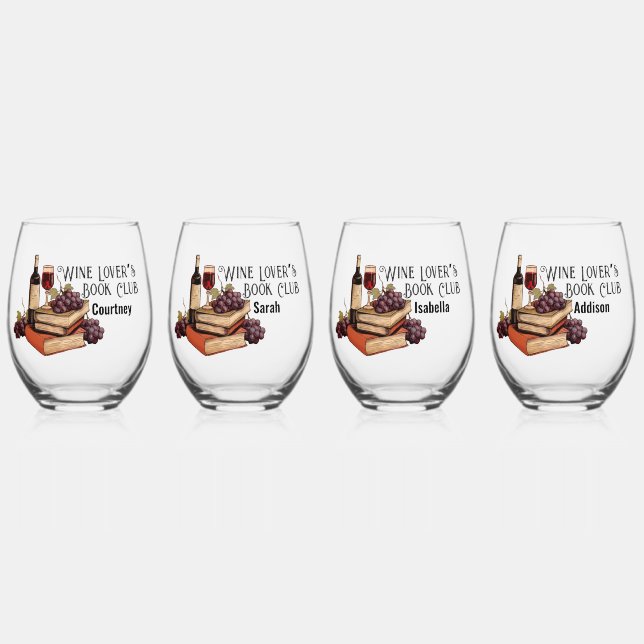 Wine Lover’s Book Club with Personalised Names Stemless Wine Glass (Front)