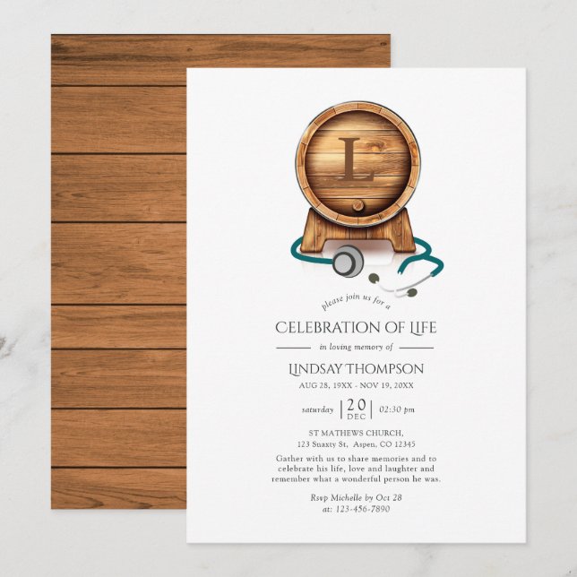 Wine Loving Doctor Celebration of Life Monogram Invitation (Front/Back)