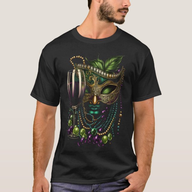 Wine Mardi Gras Mask and Beads Glasses of Wine Dri T-Shirt (Front)