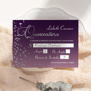 Wine Mauve Purple Silver Confetti Quinceanera RSVP Invitation