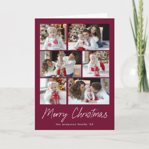 Wine Merry Christmas Script 6 Photo Collage Holiday Card