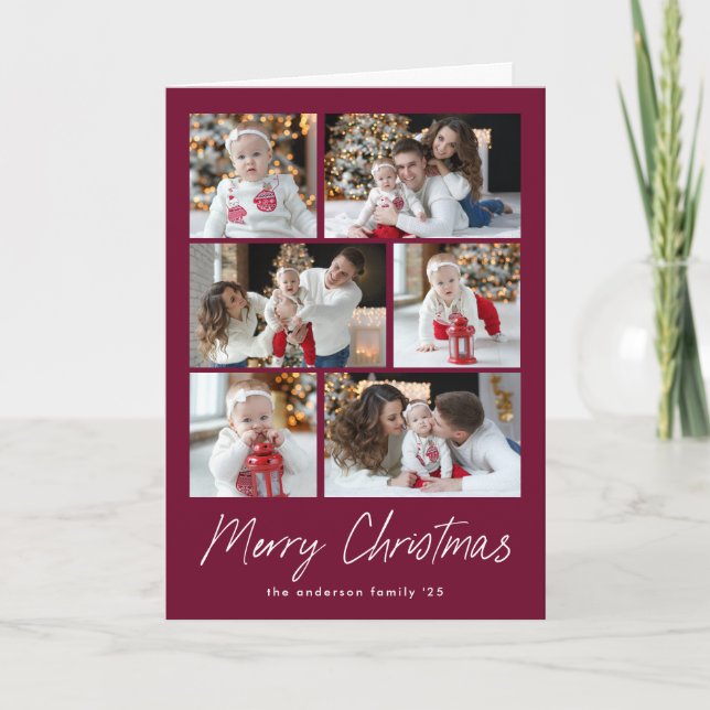 Wine Merry Christmas Script 6 Photo Collage Holiday Card (Front)