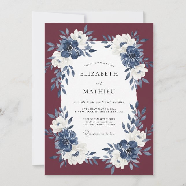 Wine Midnight Flower Eucalyptus Wedding Invitation (Front)