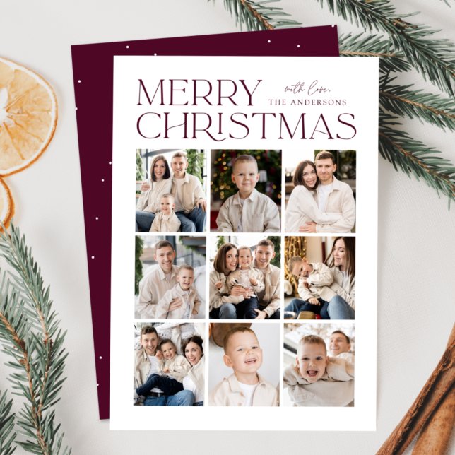 Wine Modern Christmas 9 Photo Collage Holiday Card (Creator Uploaded)