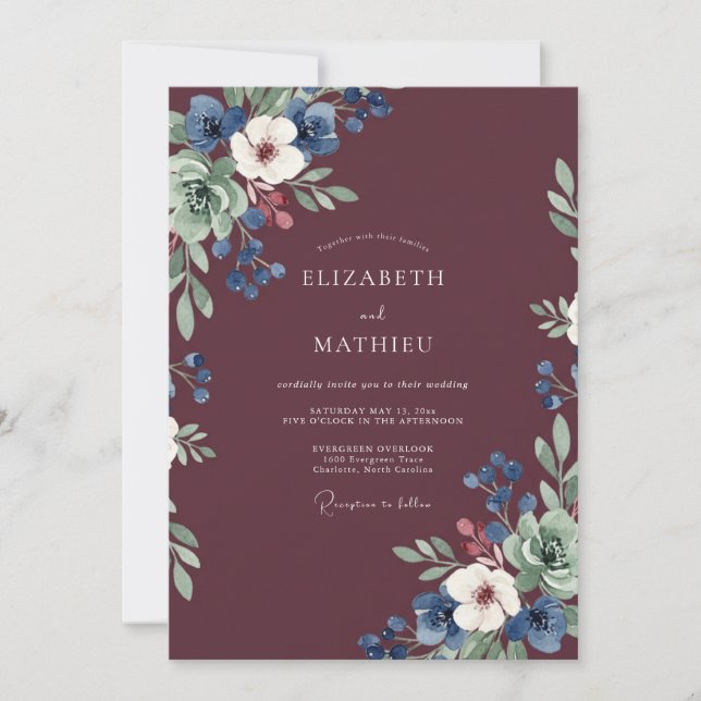 Wine Navy Anemone Wedding Invitation (Front)