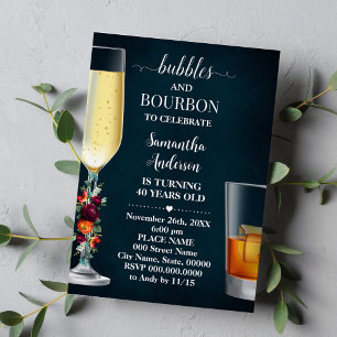 Wine Navy Bubbles & Bourbon Adults Birthday Invitation
