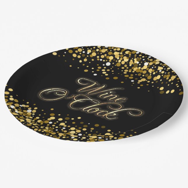 Wine O'Clock Gold Sparkle Paper Plate (Angled)