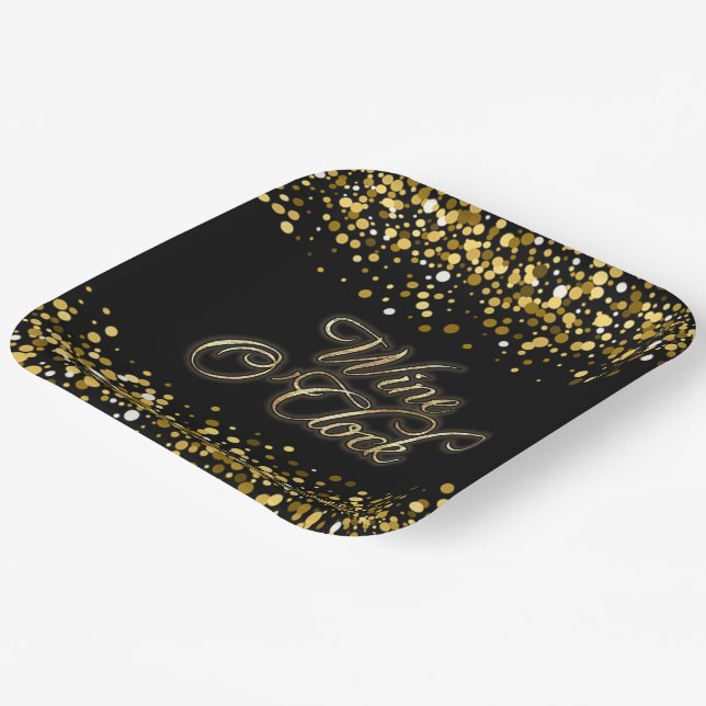 Wine O'Clock Gold Sparkle Square Paper Plate (Angled)