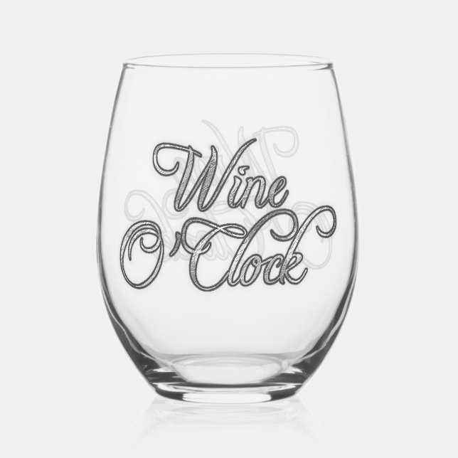 Wine O'Clock Silver Text Stemless Wine Glass (Front)