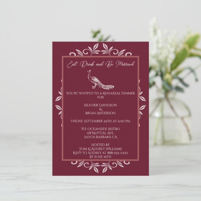 Wine Peacock Flourish Rehearsal Dinner Invitation (Standing Front)