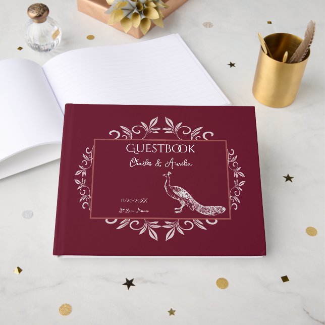 Wine Peacock Flourish Wedding Guest Book (Front Open)