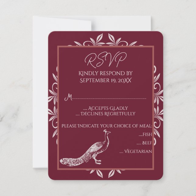 Wine Peacock Flourish Wedding RSVP Card (Front)