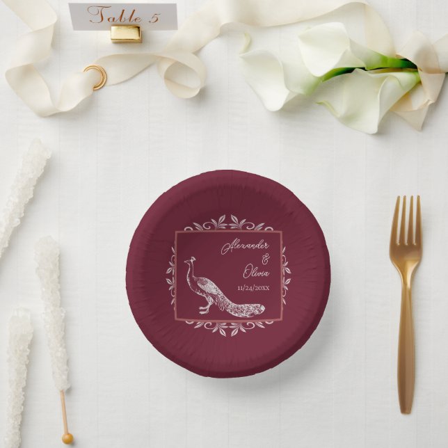 Wine Peacock Flourish Wedding Shower Paper Bowls Paper Plate (Wedding)
