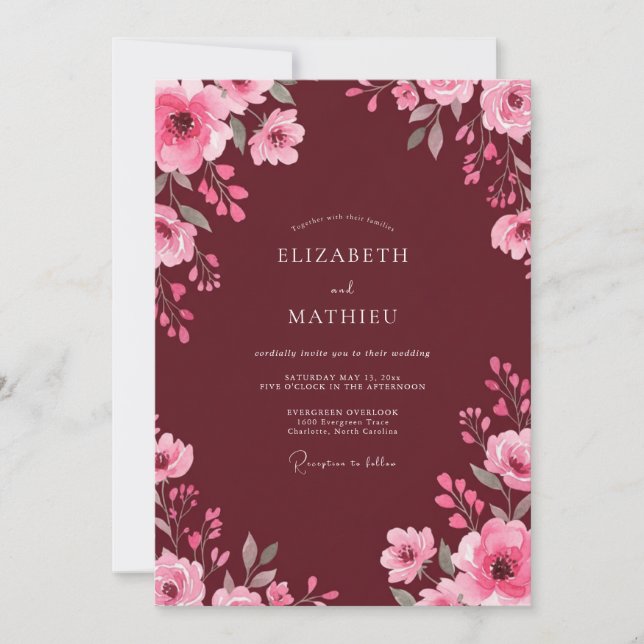 Wine Pink Watercolor Wedding Invitation (Front)