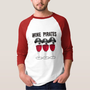 WINE PIRATES RED WINE GLASSES AND PIRATE PRINT T-Shirt
