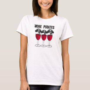 WINE PIRATES RED WINE GLASSES AND PIRATE PRINT T-Shirt