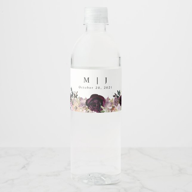 Wine Plum Mauve Fall Floral Wedding Water Bottle Label (Front)