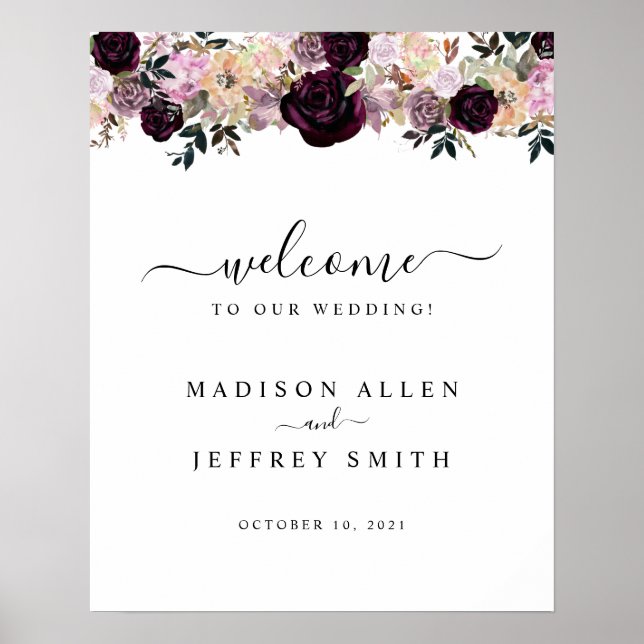 Wine Plum & Mauve Fall Floral Wedding Welcome Sign (Front)