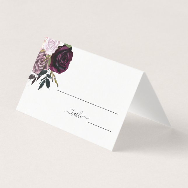 Wine Plum Mauve Floral Wedding Table Place Cards (Front)