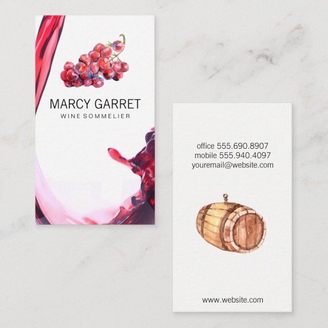 Wine Pour | Splash | Wine Grapes and Barrel Business Card (Front/Back)