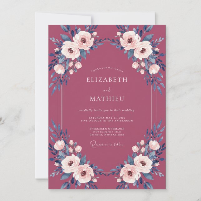Wine Ranunculus Painted Wedding Invitation (Front)