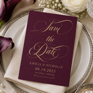 Wine Red and Gold Photo Wedding  Save The Date
