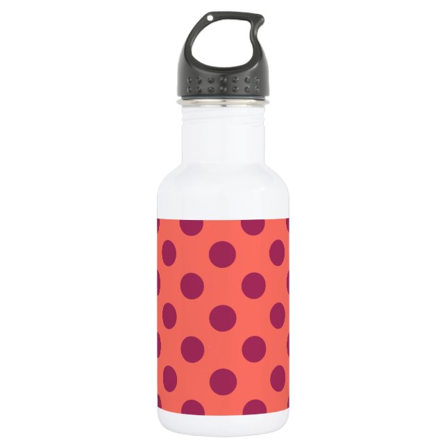 Wine red and living coral polka dots 532 ml water bottle (Front)