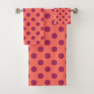 Wine red and living coral polka dots bath towel set
