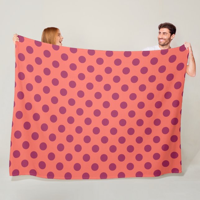 Wine red and living coral polka dots fleece blanket (In Situ)