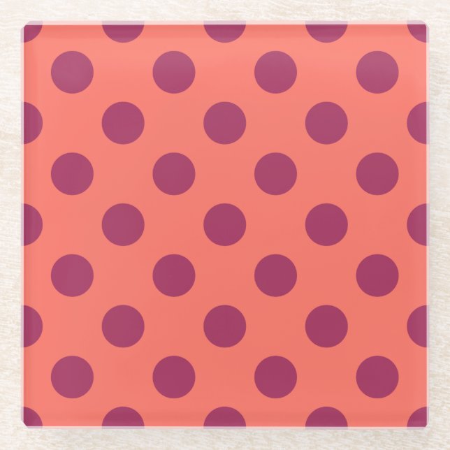 Wine red and living coral polka dots glass coaster (Front)