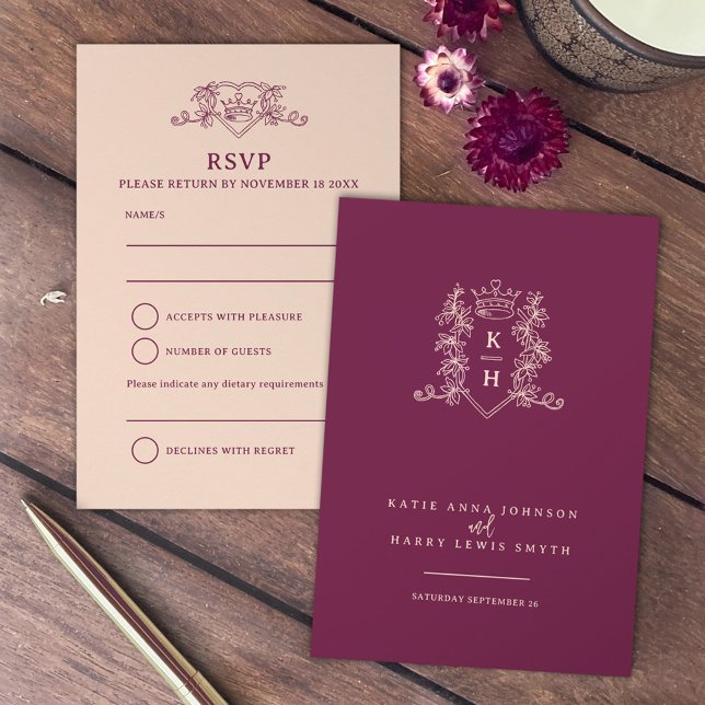 Wine red and peach crown wedding Response Card (Creator Uploaded)