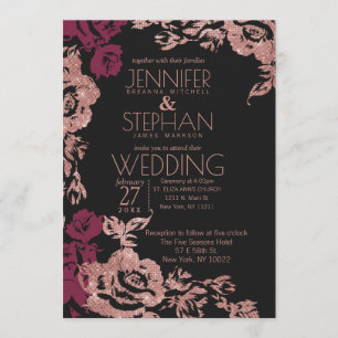 Wine Red Black Rose Gold Glitter Floral Wedding Invitation
