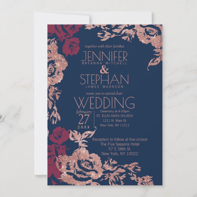 Wine Red Blue Rose Gold Glitter Floral Wedding Invitation (Front)
