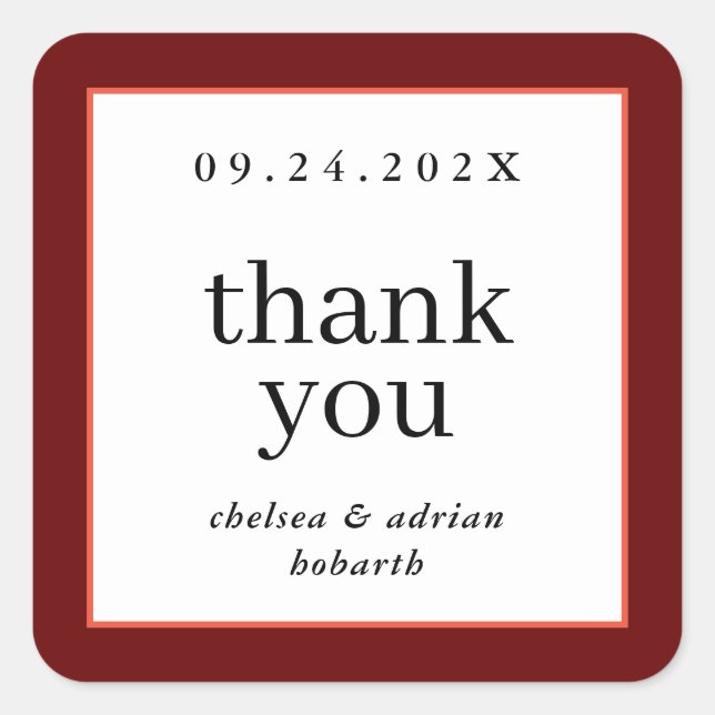Wine Red Border Simple Wedding Favour Square Sticker (Front)