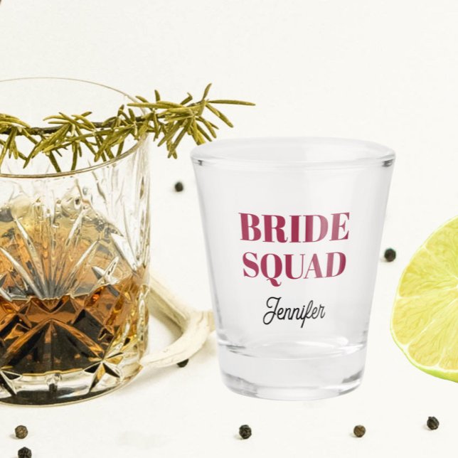 Wine Red Bride Squad Bachelorette Party Shot Glass (In Situ)